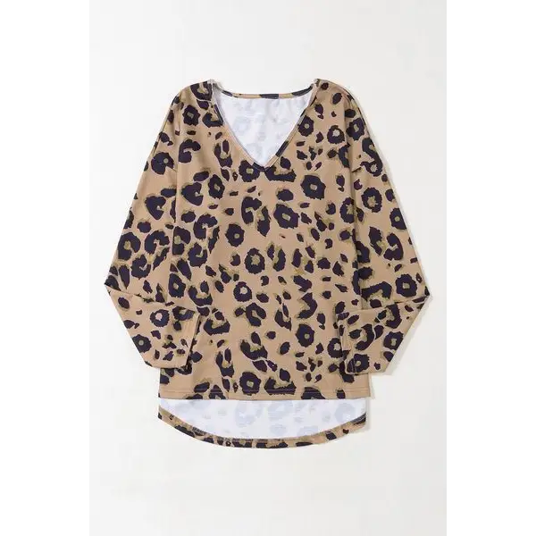 Leopard V-Neck Dropped Shoulder Blouse - Tops