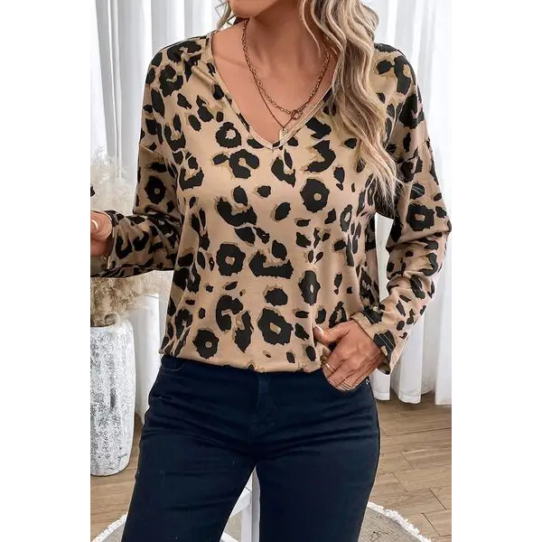 Leopard V-Neck Dropped Shoulder Blouse - Tops