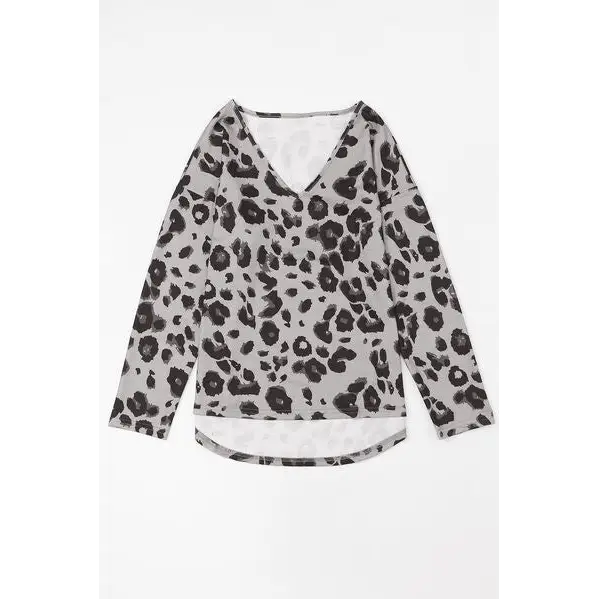 Leopard V-Neck Dropped Shoulder Blouse - Tops