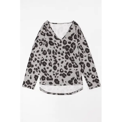 Leopard V-Neck Dropped Shoulder Blouse - Tops