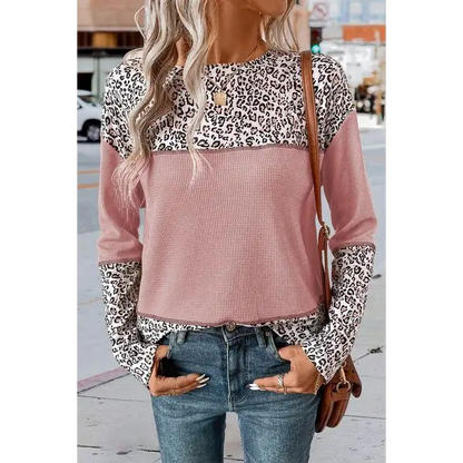 Leopard Waffle-knit Long Sleeve Shirt - Dusty Pink / S - Tops