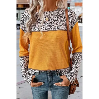 Leopard Waffle-knit Long Sleeve Shirt - Mustard / S - Tops