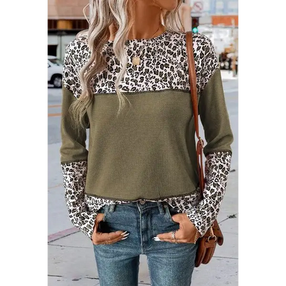 Leopard Waffle-knit Long Sleeve Shirt - Sage / S - Tops