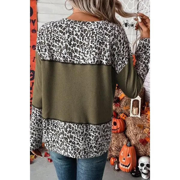 Leopard Waffle-knit Long Sleeve Shirt - Tops