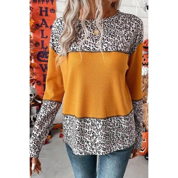 Leopard Waffle-knit Long Sleeve Shirt - Tops