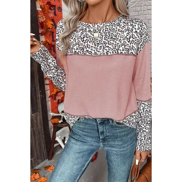 Leopard Waffle-knit Long Sleeve Shirt - Tops