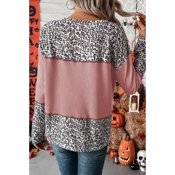 Leopard Waffle-knit Long Sleeve Shirt - Tops