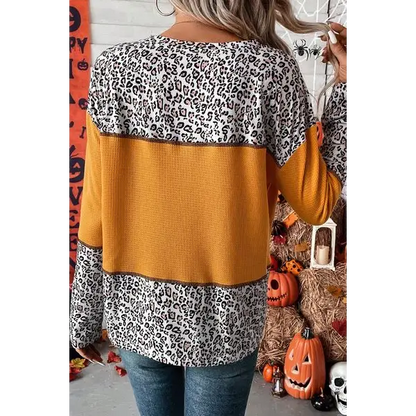 Leopard Waffle-knit Long Sleeve Shirt - Tops