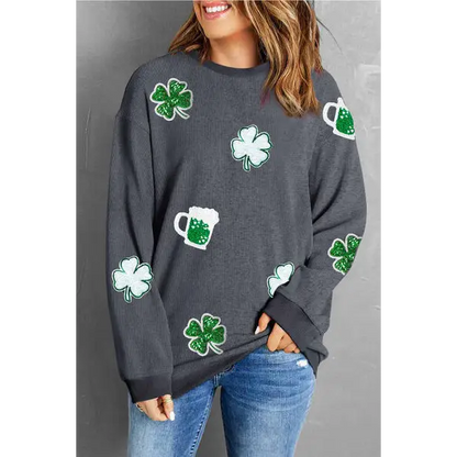 Lucky Clover Beer Sequin Round Neck Sweatshirt - Charcoal / S - Tops