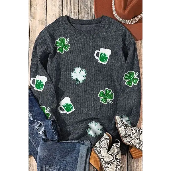 Lucky Clover Beer Sequin Round Neck Sweatshirt - Tops