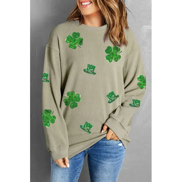 Lucky Clover Sequin Round Neck Sweatshirt - Sage / S - Tops