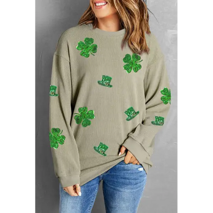 Lucky Clover Sequin Round Neck Sweatshirt - Sage / S - Tops