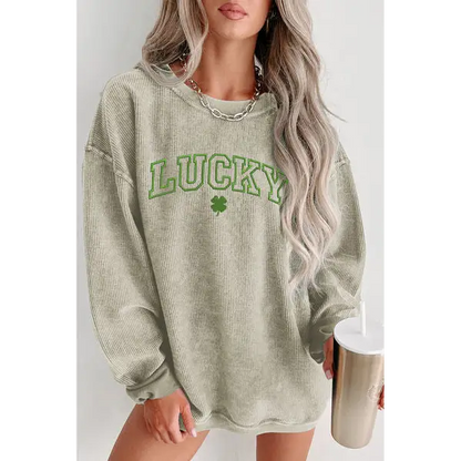 LUCKY Round Neck Dropped Shoulder Sweatshirt - Light Green / S - Tops