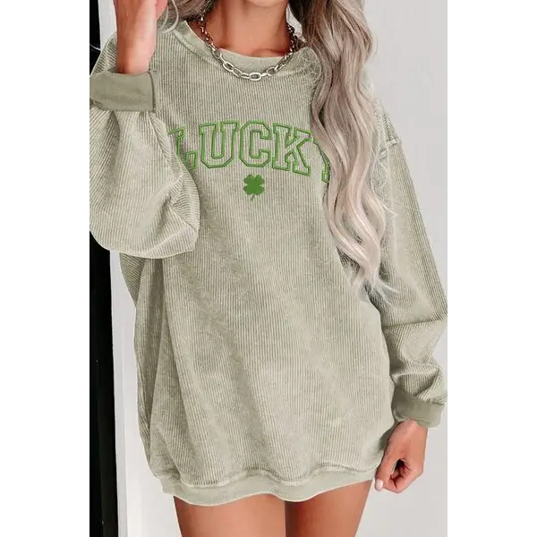 LUCKY Round Neck Dropped Shoulder Sweatshirt - Tops