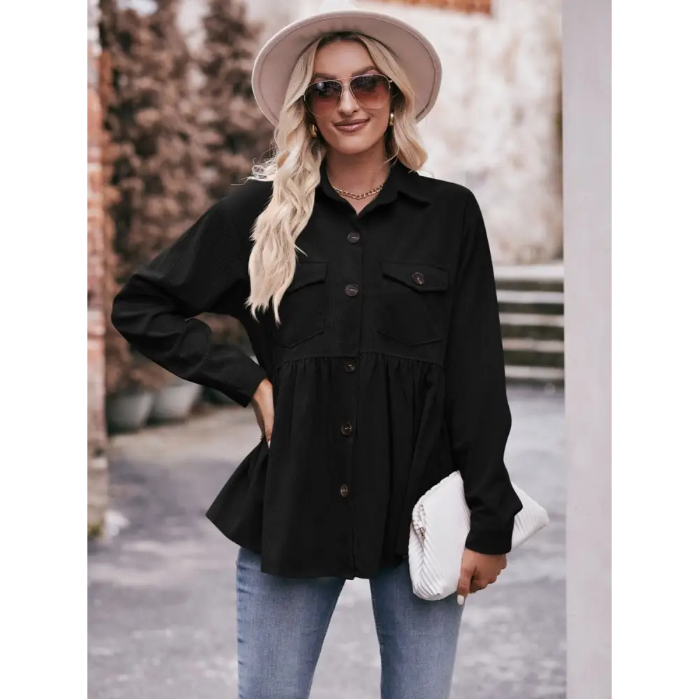 Mandy Collared Neck Long Sleeve Shirt - Black / S - Tops