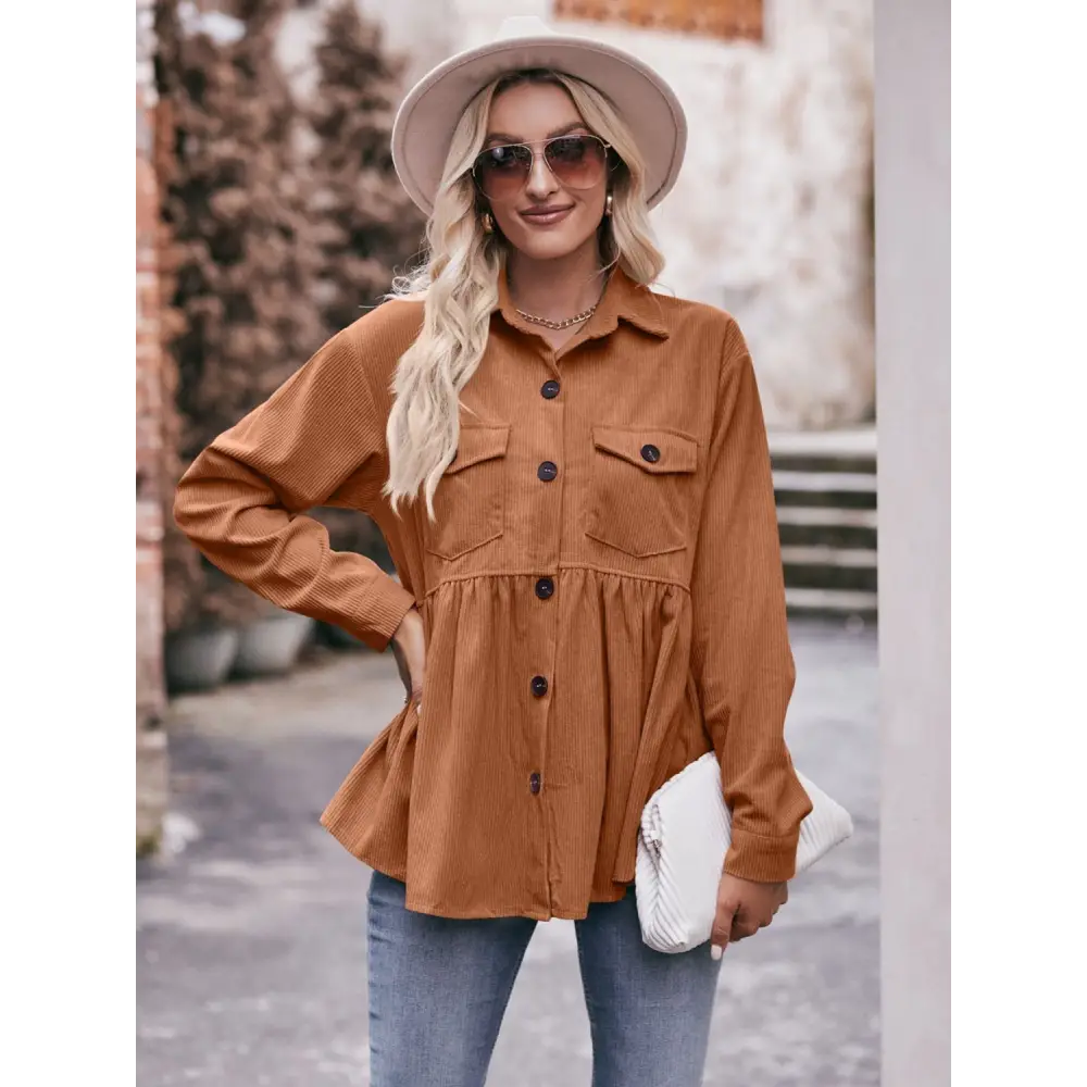 Mandy Collared Neck Long Sleeve Shirt - Ochre / S - Tops