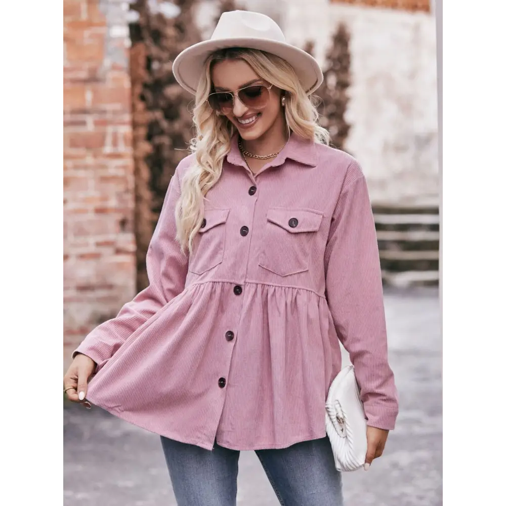 Mandy Collared Neck Long Sleeve Shirt - Pink Purple / S - Tops