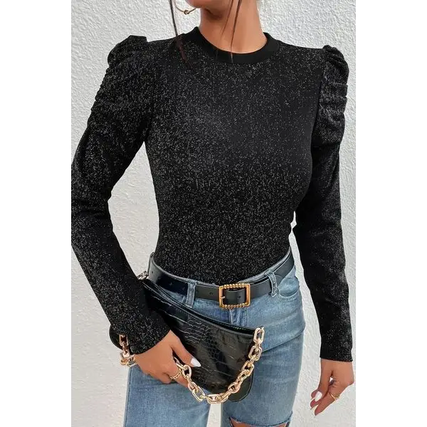 Metallic Round Neck Puff Sleeve Blouse - Black / S - Tops