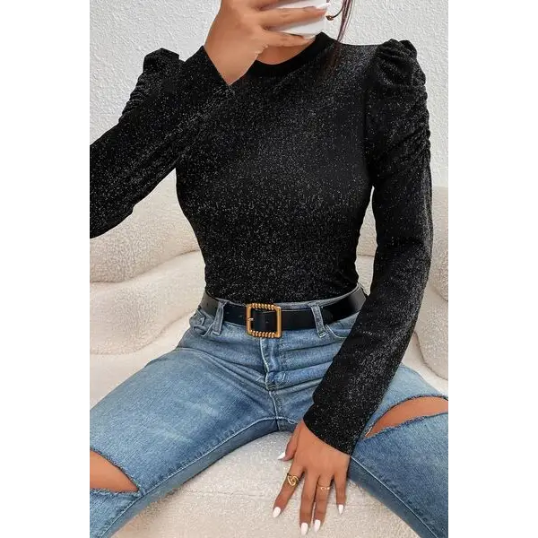 Metallic Round Neck Puff Sleeve Blouse - Tops