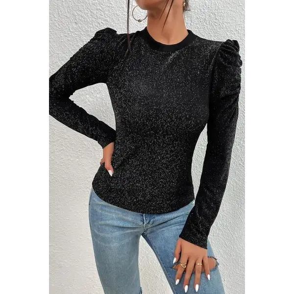 Metallic Round Neck Puff Sleeve Blouse - Tops