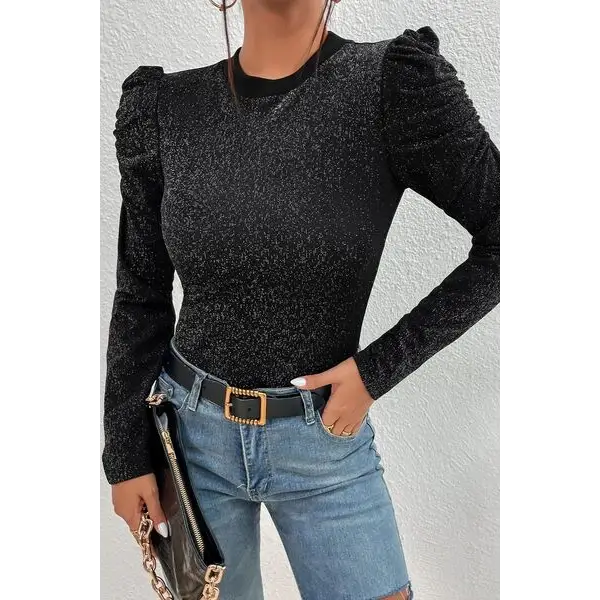 Metallic Round Neck Puff Sleeve Blouse - Tops