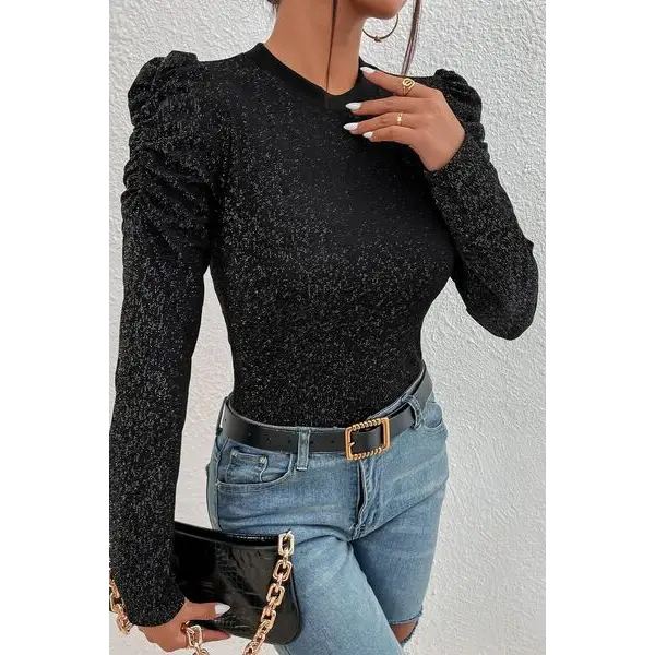 Metallic Round Neck Puff Sleeve Blouse - Tops