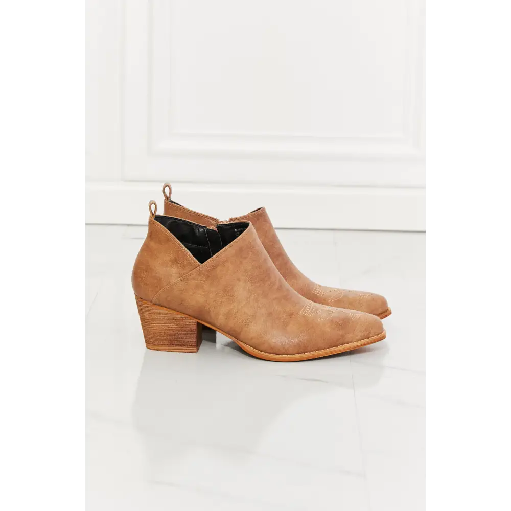 MMShoes Trust Yourself Embroidered Crossover Cowboy Bootie in Caramel - Madi Gray Boutique