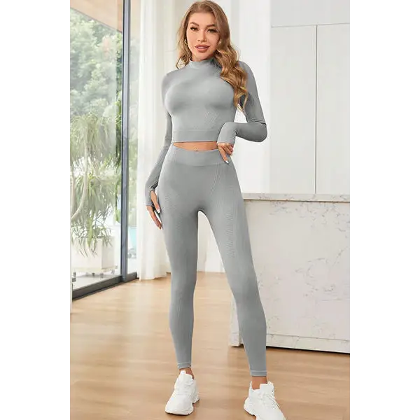 Mock Neck Long Sleeve Top and Leggings Active Set - Light Gray / S