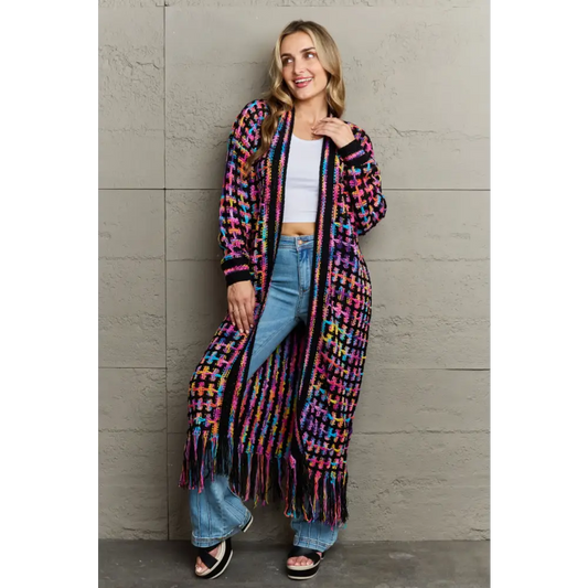 Multicolored Open Front Fringe Hem Cardigan - Madi Gray Boutique