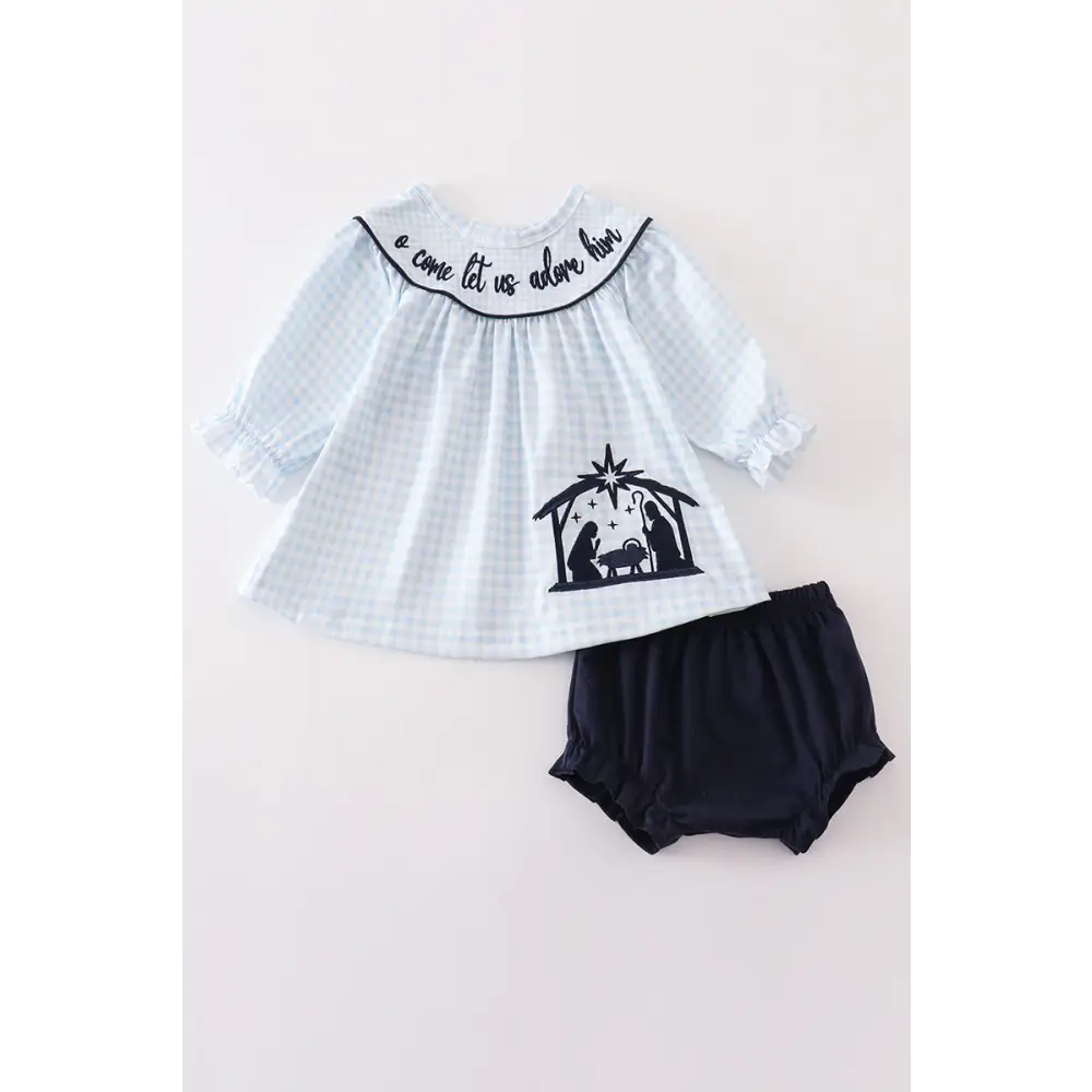 Navy nativity embroidery gingham girl bloomer set - baby