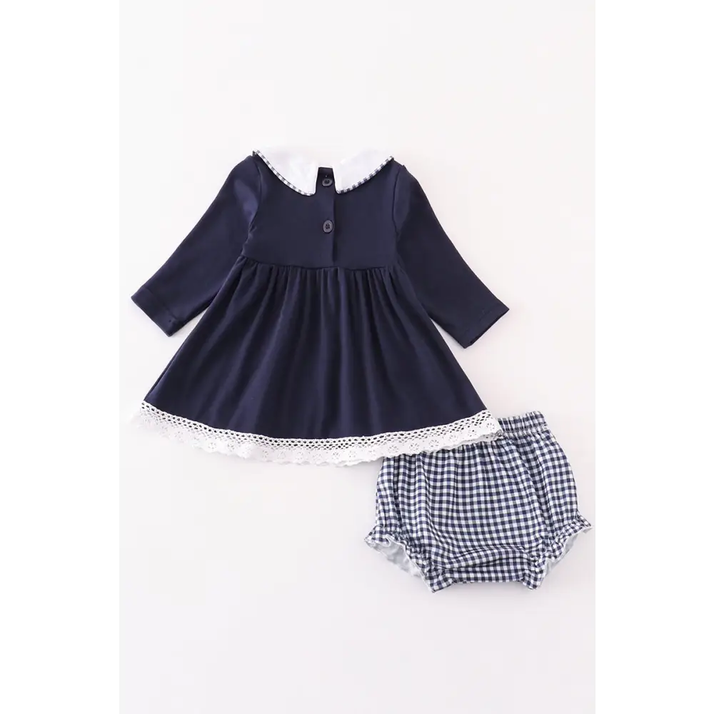 Navy nativity embroidery gingham girl bloomers set - baby