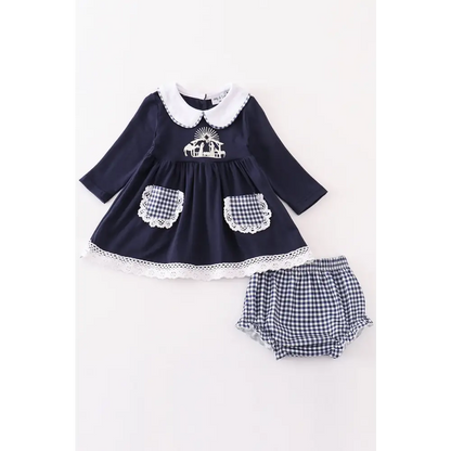 Navy nativity embroidery gingham girl bloomers set - baby