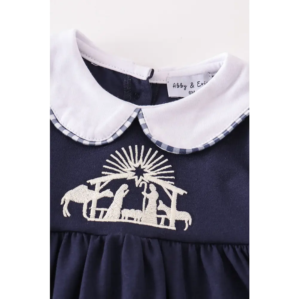 Navy nativity embroidery gingham girl bloomers set - baby