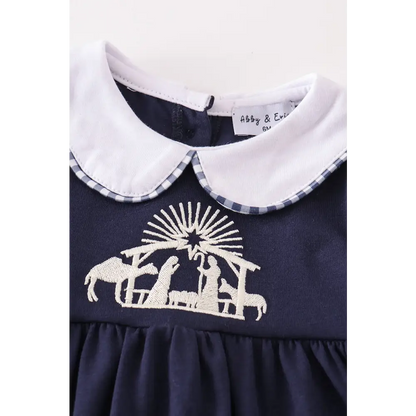 Navy nativity embroidery gingham girl bloomers set - baby