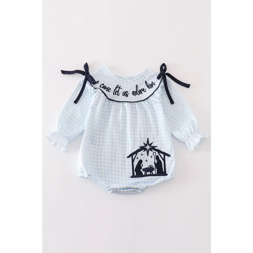 Navy nativity embroidery gingham girl bubble - baby