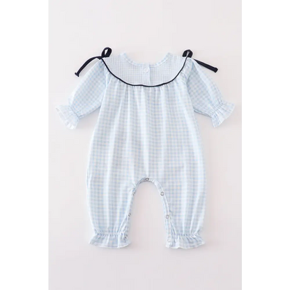 Navy nativity embroidery gingham girl romper - baby