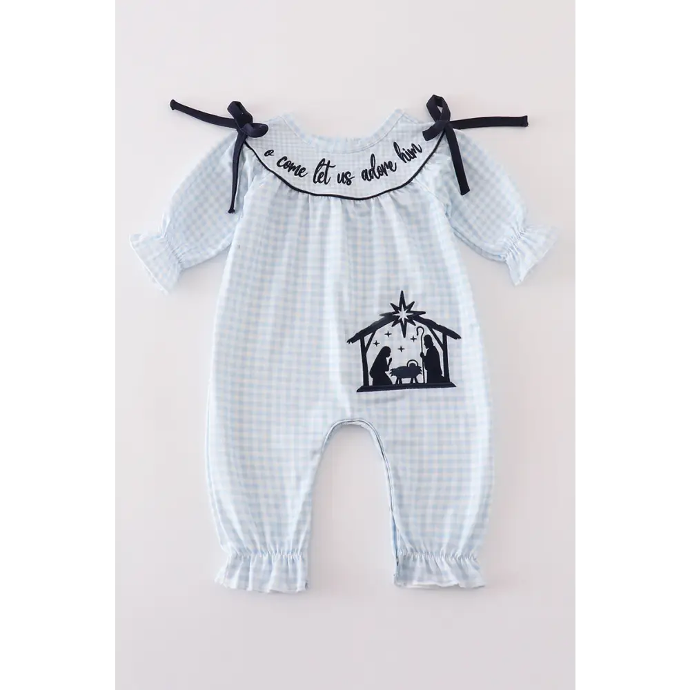 Navy nativity embroidery gingham girl romper - baby