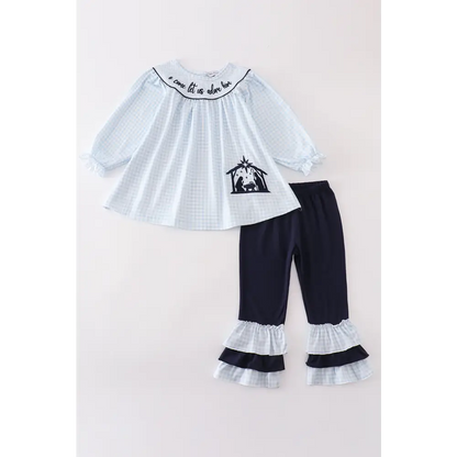 Navy nativity embroidery gingham girl set - Set