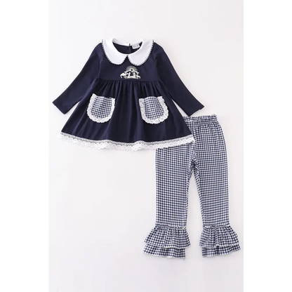 Navy nativity embroidery gingham girl set - Set