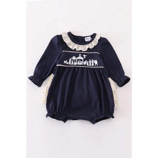 Navy nativity embroidery girl bubble - baby