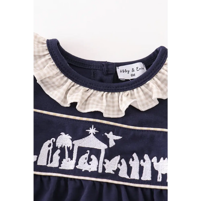 Navy nativity embroidery girl bubble - baby