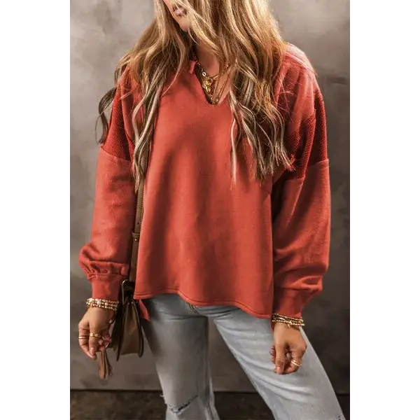 Notched Lantern Sleeve Dropped Shoulder Sweatshirt - Madi Gray Boutique