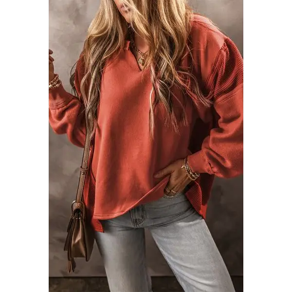 Notched Lantern Sleeve Dropped Shoulder Sweatshirt - Madi Gray Boutique