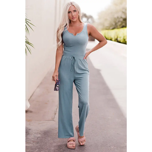 Notched Neck Tank Top and Tie Waist Wide Leg Long Pants Lounge Set - Madi Gray Boutique