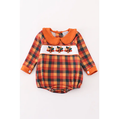 Orange turkey embroidery plaid smocked boy bubble - baby