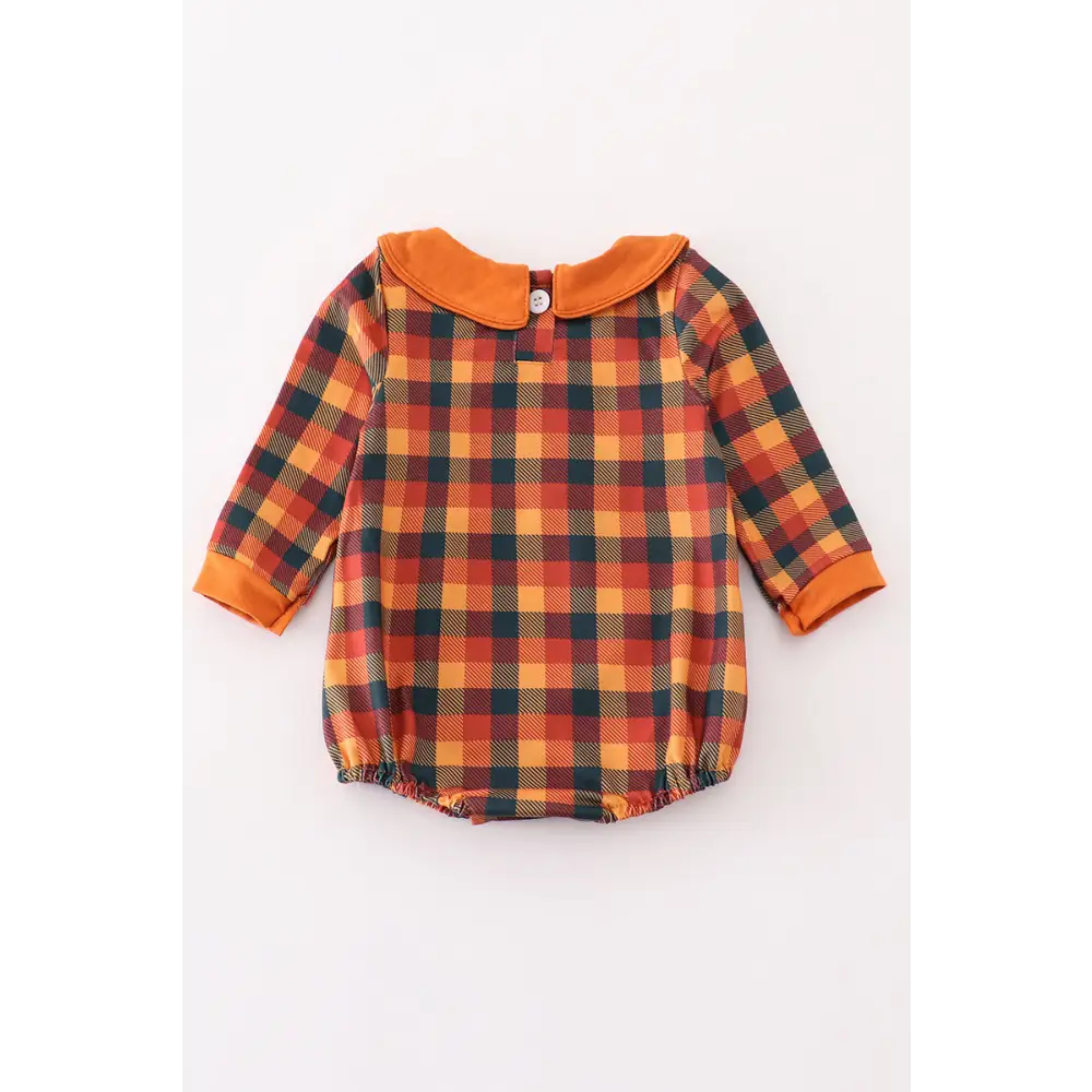 Orange turkey embroidery plaid smocked boy bubble - baby