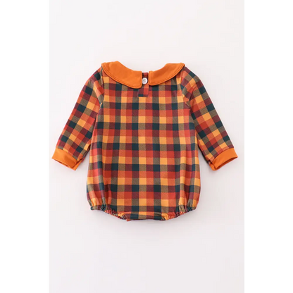 Orange turkey embroidery plaid smocked boy bubble - baby