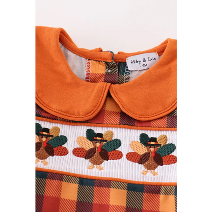 Orange turkey embroidery plaid smocked boy bubble - baby