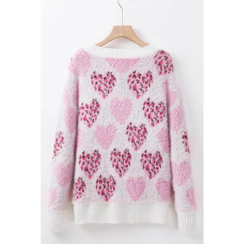 Pearl Detail Heart Round Neck Sweater - Tops