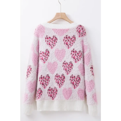 Pearl Detail Heart Round Neck Sweater - Tops